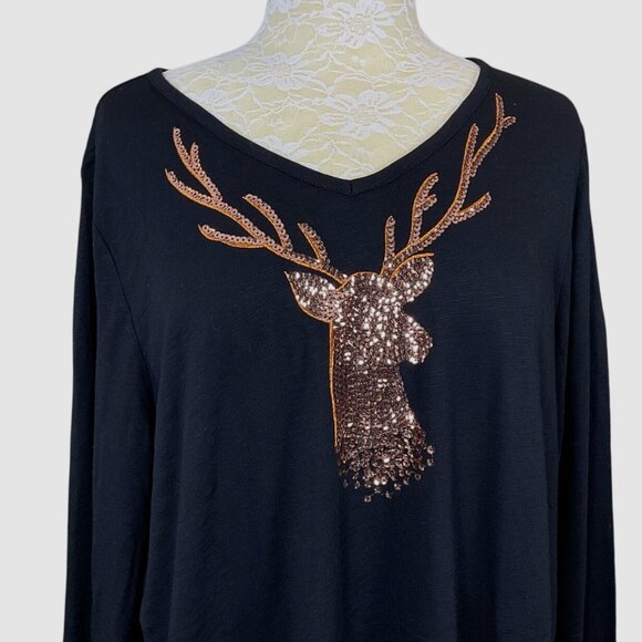 Quacker Factory Jeanne Bice Long Sleeve Black Tee Copper Sequin Deer Tee NWT XL - Picture 2 of 8
